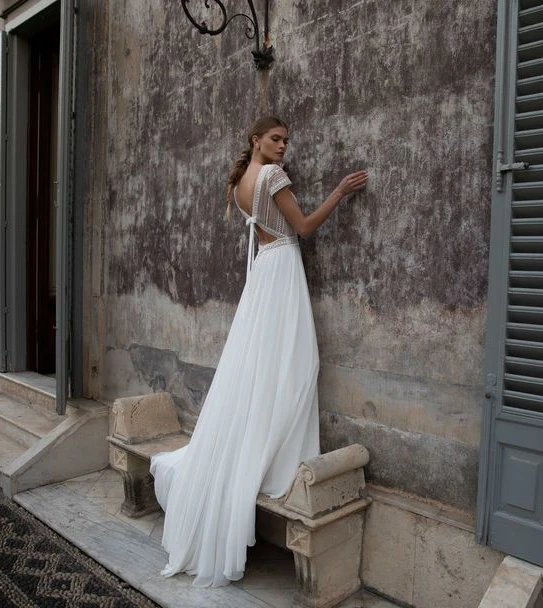 

SSYFashion New Evening Dress for Women Sexy V-neck Backless Short Sleeve Lace Sequins Beading Beach Formal Gown Vestido De Noche