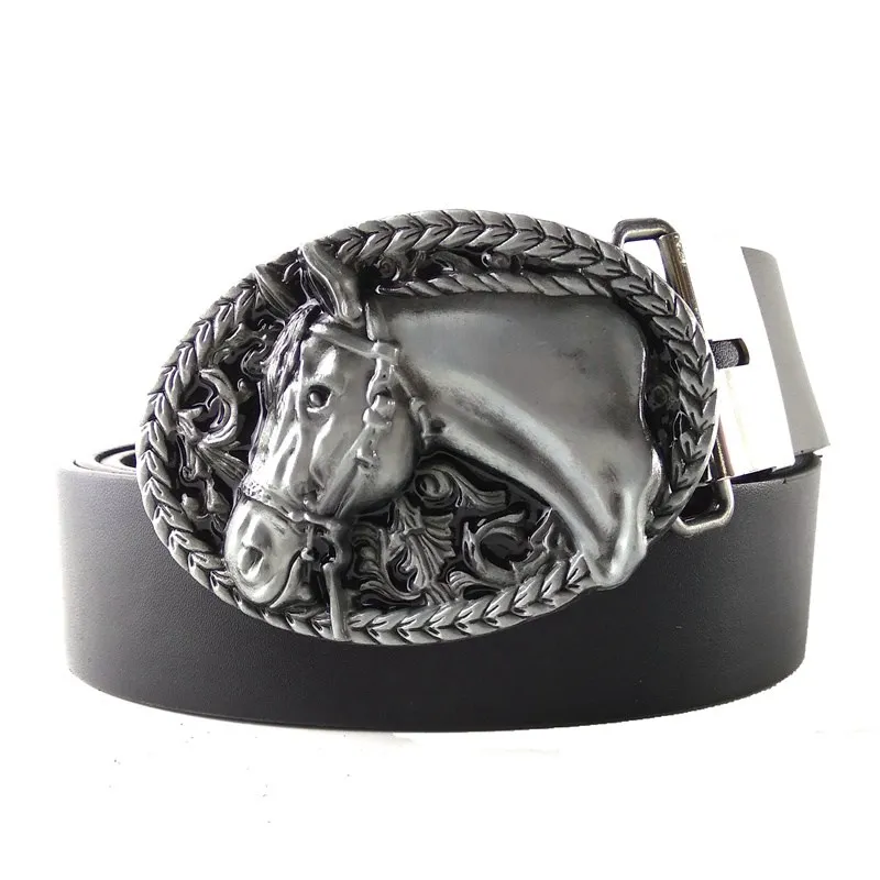 Antique Silver Horse Head Oval Big Metal Bukle Men Belt for Casual Jeans Western Country Cowboy Accessories Fashion Male Gifts