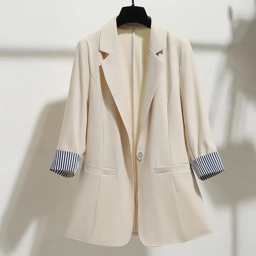 

Women Autumn 3/4 Sleeve Lapel Button Slim Blazer Coat Striped Cuff Office Jacket
