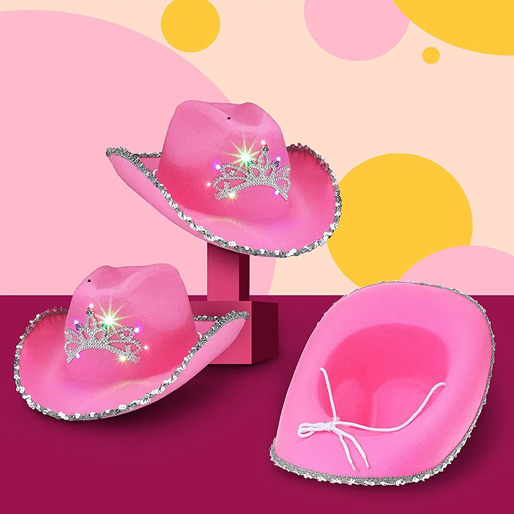 

Pink Cowgirl Hat For Women Cow Girl Hat With Tiara Neck Drawstring Felt Cowboy Costume Accessories Party Fedora Cap ​Dress Up