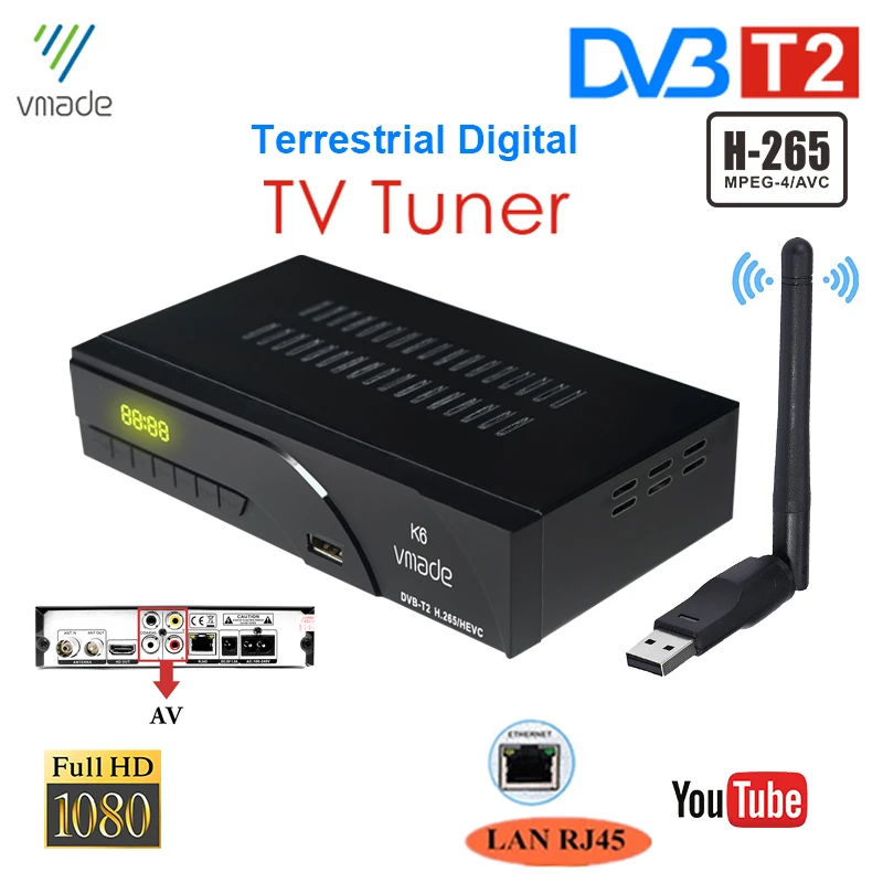 ТВ тюнер DVB T2 цифровой наземный приемник со встроенным портом RJ45 H.265/HEVC