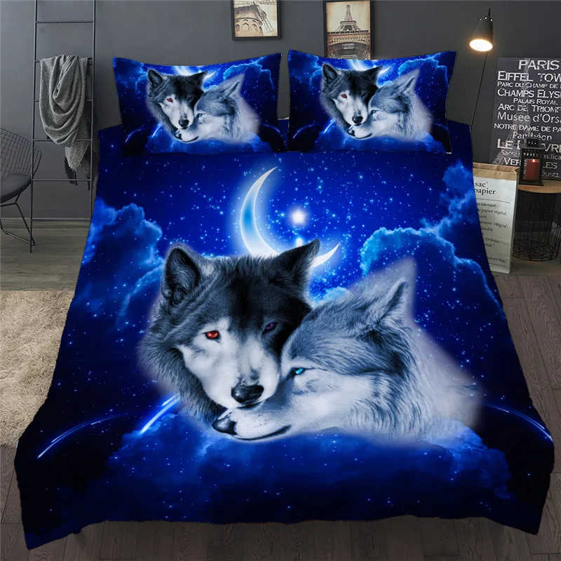 3D Bedding Set Wolf Animal Night Moon Printed Duvet Cover Set Single Double Twin Full Queen King Bed Clothes For Kid Children