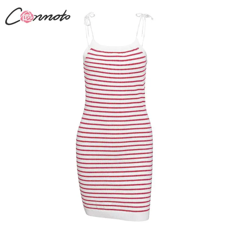 Conmoto модное женское красное Полосатое Трикотажное короткое платье на бретельках