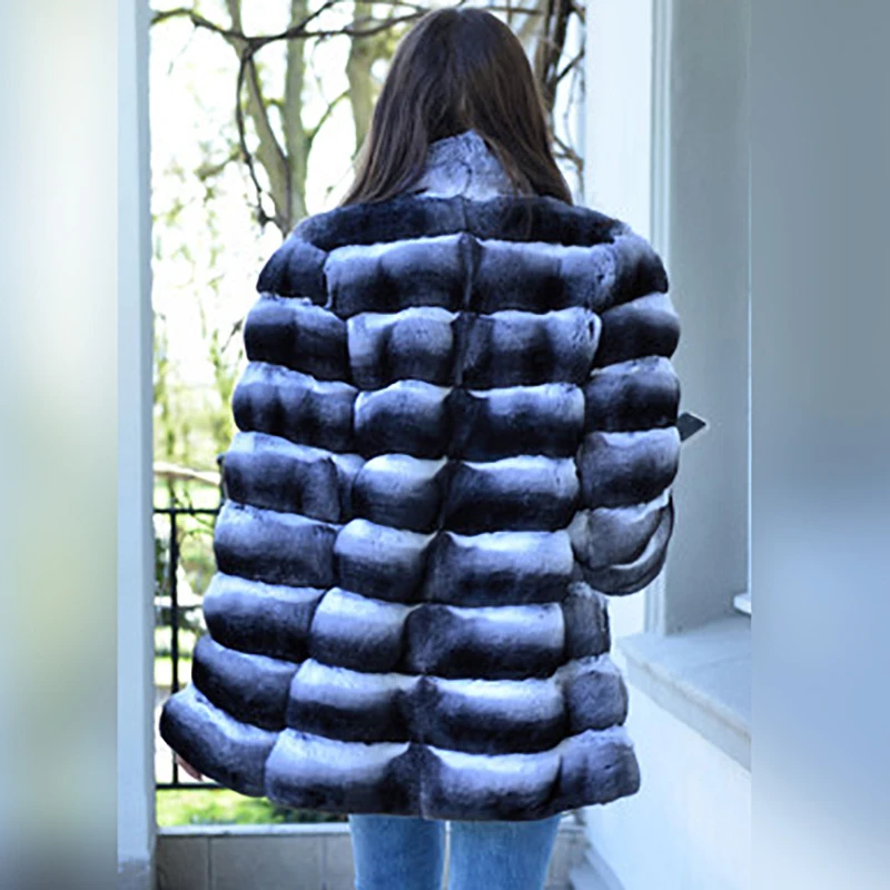 Women Medium Length Real Fur Coats For Women Winter Luxury Warm 2022 New Chinchilla Color Genuine Rex Rabbit Fur Coat Outwear
