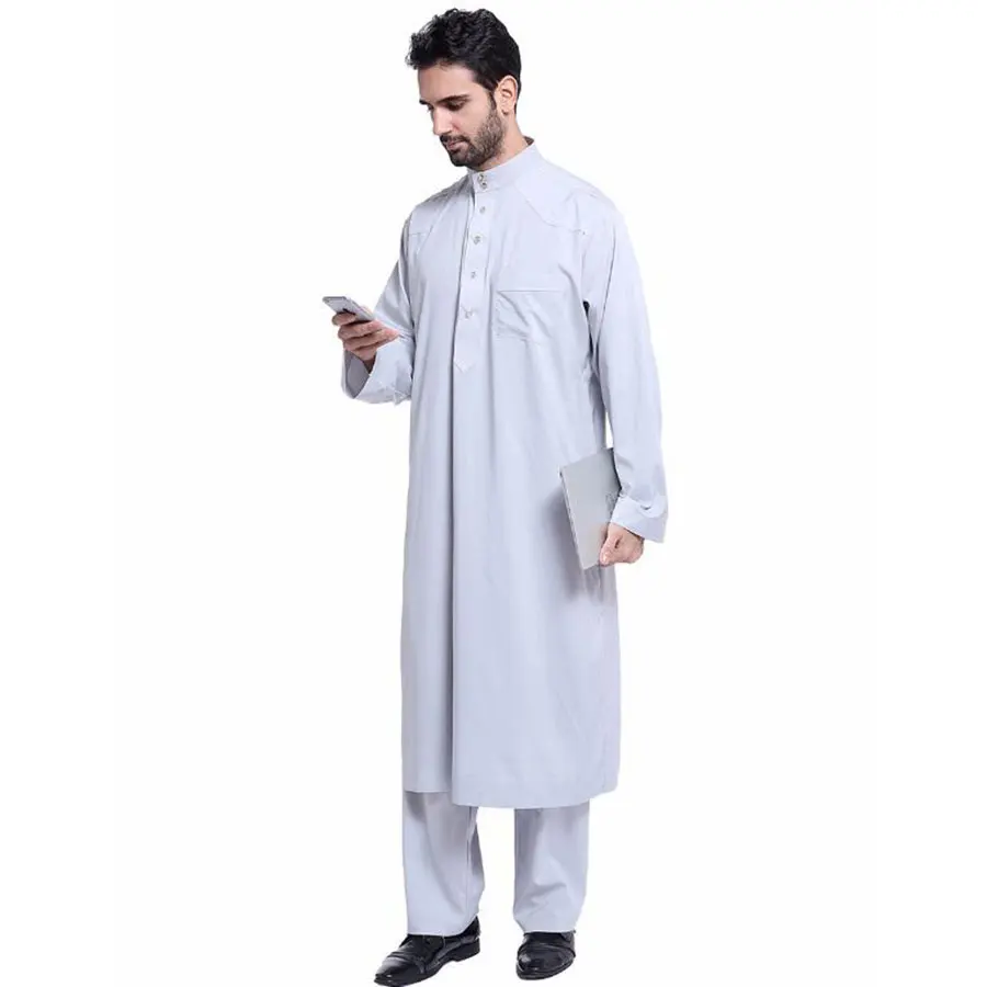 2pcs Saudi Arabia Dubai Pakistan Stand Collar Jubba Thobe Men Casual Long Sleeve Abaya Kaftan Islamic Sets Muslim Clothing Suit