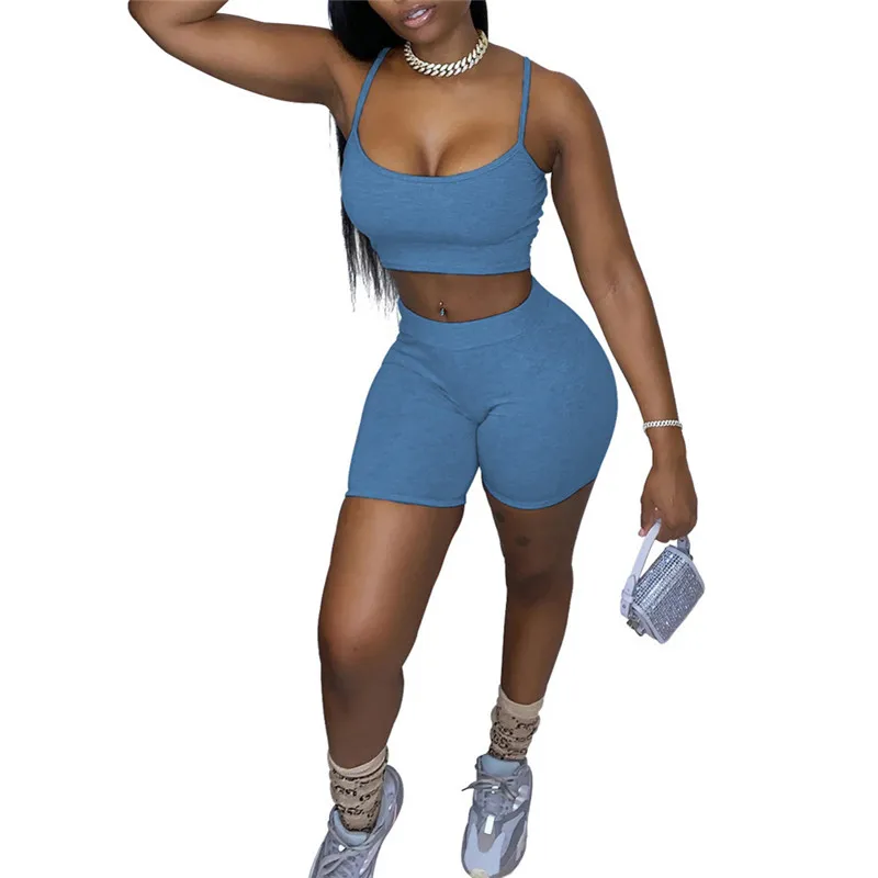 Женский топ на бретелях + шорты сексуальный костюм однотонный спортивный с