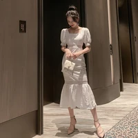 fashion women backless elegant formal trumpet dress new arrival vintage classical perspective white hollow out mermaid dress