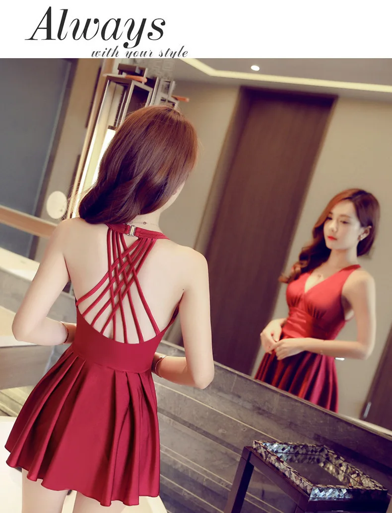M-3XL Plus Size Women Swimsuit Solid Push Up Skirted Bathing Suit Padded One Piece Pleated Swimdress V neck Ladies Swimwear