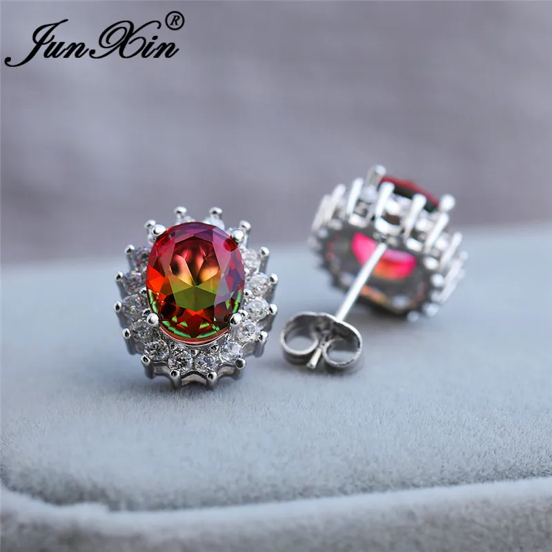 Мистик Красный зеленый камень подсолнечника серьги из белого золота в цветах