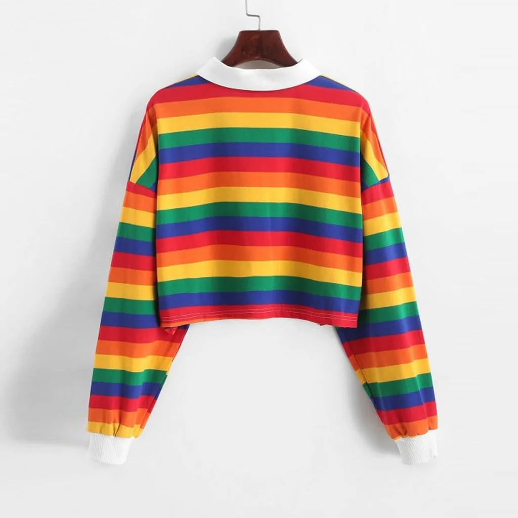 Women Hoodies Vogue Multicolor Stripe Button Long Sleeve Pullover Hoodie Sweatshirt Tops Blouse Crop Top Autumn Winter Top Femme