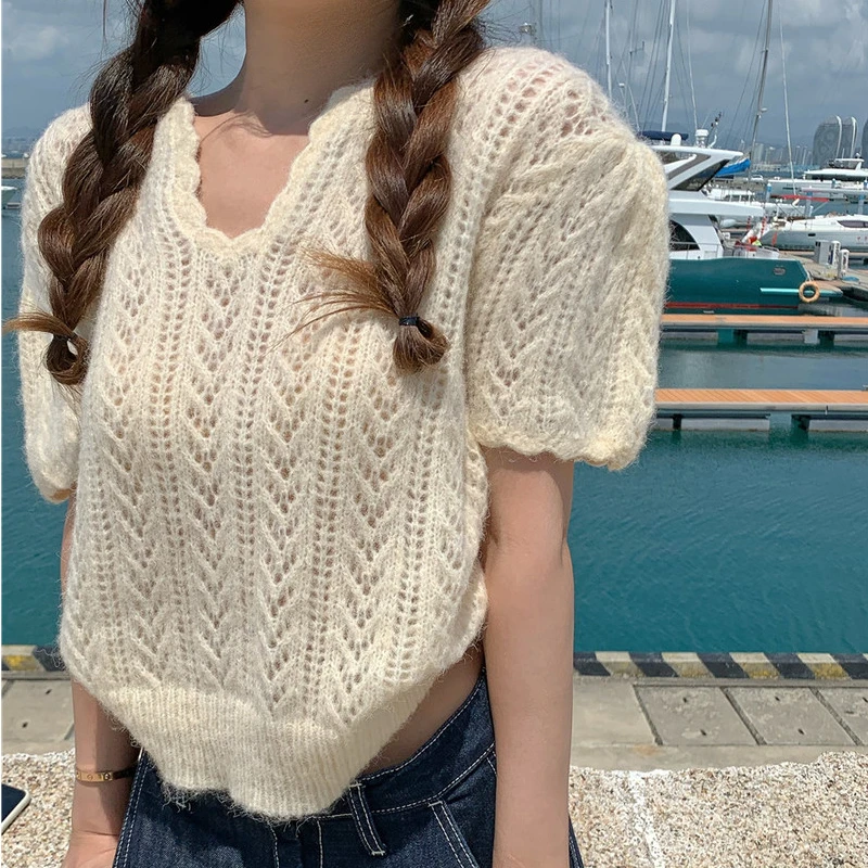

ZAWAHIKI 2021 Summer Fashion Basic Knitted Pullover V Neck Short Sleeve Loose Hollow Out Tops Solid Short Women Clothing