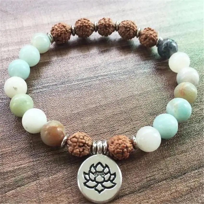8 мм Amazon Stone медный амулет Bodhi Mala браслет 7 5 дюйма УНИСЕКС манжеты из бисера