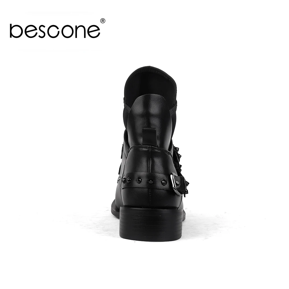 BESCONE/зимние женские ботинки до середины икры; Теплая обувь ручной работы с круглым носком на квадратном каблуке; Модные женские ботинки черного цвета с металлическим украшением; BY135