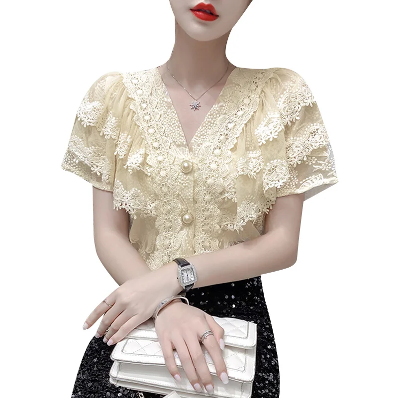 

Chiffon shirt female summer 2020 new French sexy V-neck hollow lace stitching Polyester Regular Casual Lace