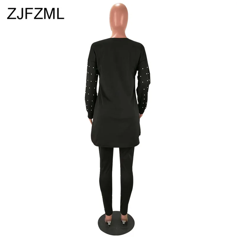 

Beaded Plus Size Autumn Winter Two Piece Set Women O Neck Long Sleeve Crop Top and Bodycon Long Trousers Causal 2 Pcs Outfit