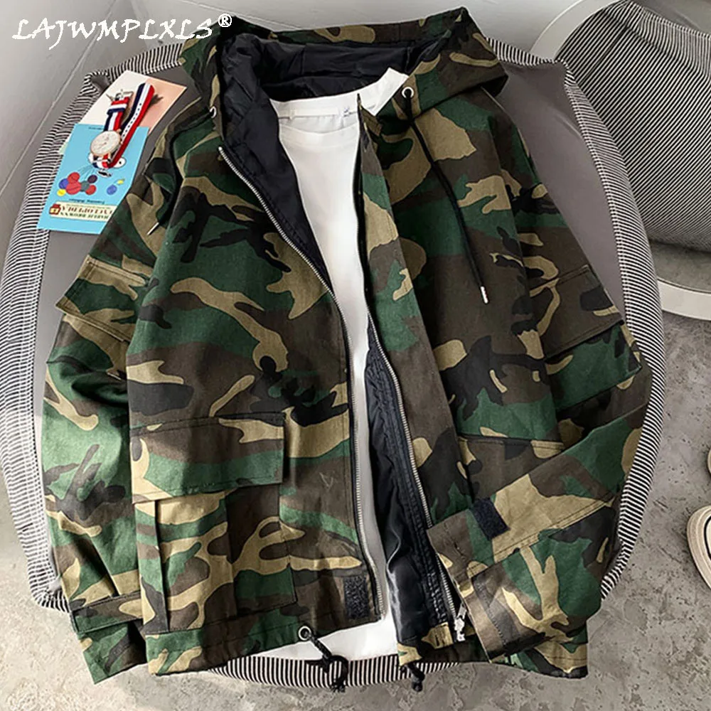 

2021 Spring and Autumn New Gray Camouflage Hooded Jackets Men Army Green Windbreaker Casual Loose Coats