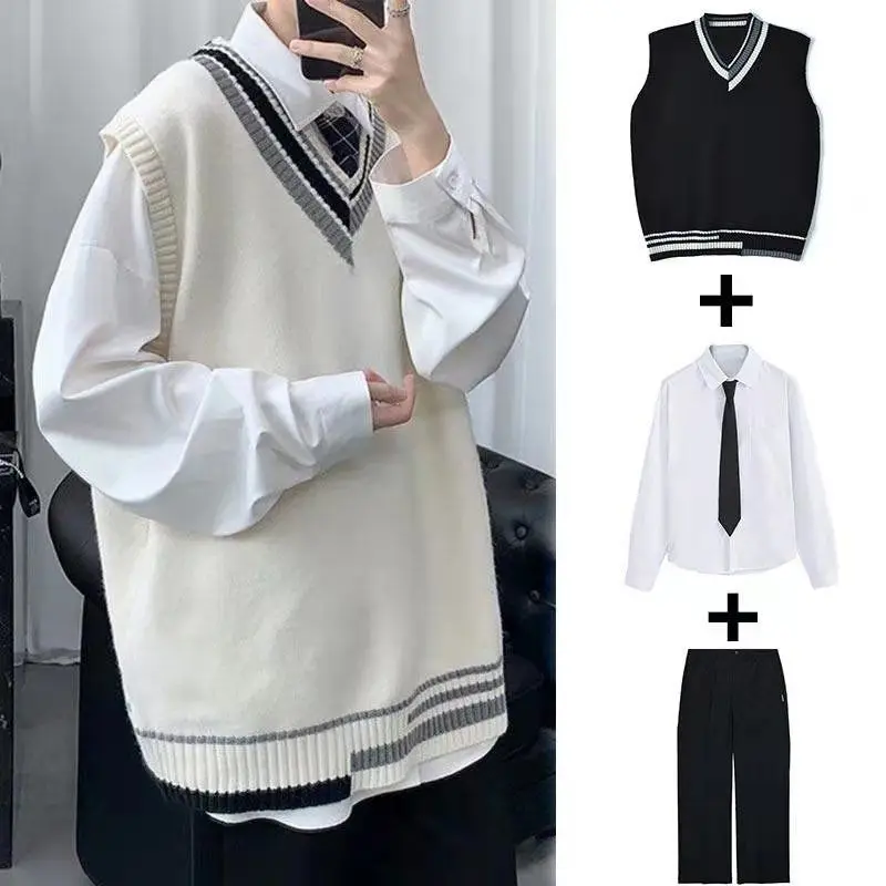 

FAKUNTN Autumn Korean version of the V-neck sweater student uniform suit class service college style loose vest vest sweater men