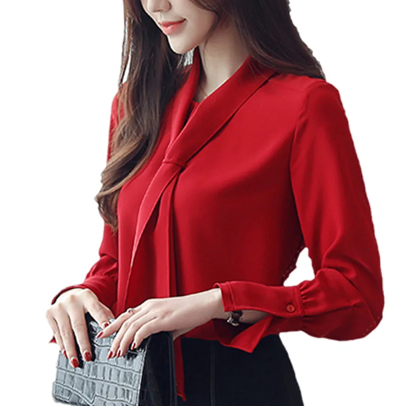 Женская блузка, офисный Топ с длинным рукавом, шифоновая блузка, blusas femininas elegante, с бантом, однотонная, с v-образным вырезом, красная одежда, женские топы 0412
