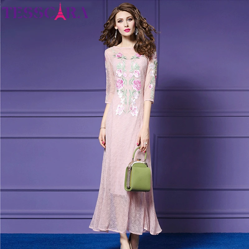 Женское длинное коктейльное платье TESSCARA розовое кружевное с цветочной вышивкой