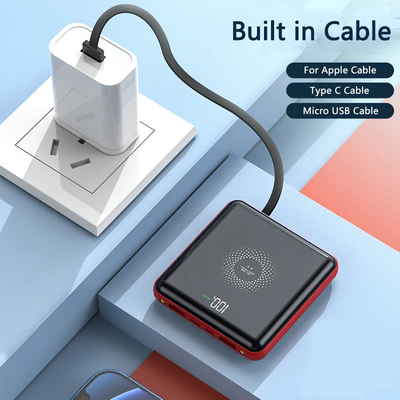 

20000mAh Mini Power Bank 15W Fast Wireless Charger Powerbank Portable Charger Built in Cable Poverbank For iPhone Xiaomi Samsung