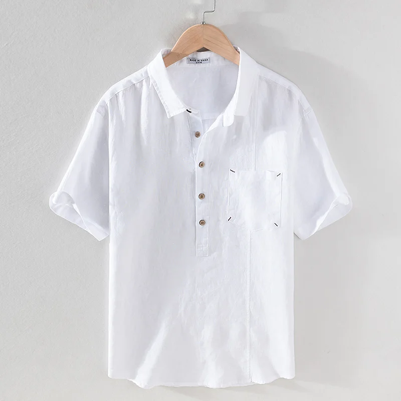 

100% Linen Pullover Short Sleeve Shirt for Men Summer New Chest Pocket Decoration Tops Male Solid Color Loose Hemp Shirt