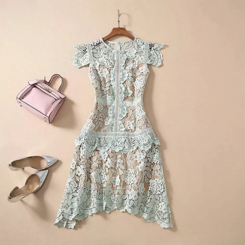 

High Quality Lace Dress 2020 Spring Summer Sexy Party Club Ladies Allover Crochet Lace Embroidery Asymmetrical Dress Above Knee