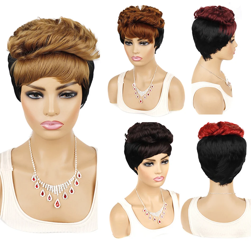 

Vunshina Pixie Cut Curly Synthetic Fringe Wig Blonde Burgundy Red Ombre Short Curls Natural Wigs With Bangs For Black Women
