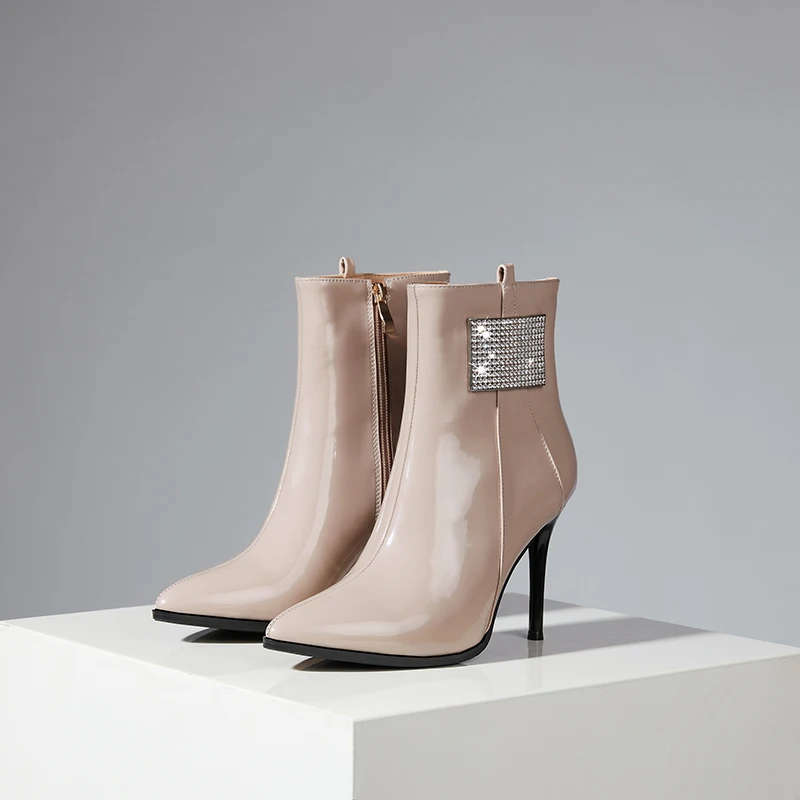 

Genuine Leather crystal Women Ankle Boots Autumn Winter Warm High Heels Shoes Woman Pointed Toe Casual Party Basic Boots