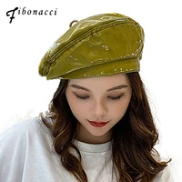 fibonacci fashion hat quality pu beret hats for women patent leather berets four panels female cap green french painter hat