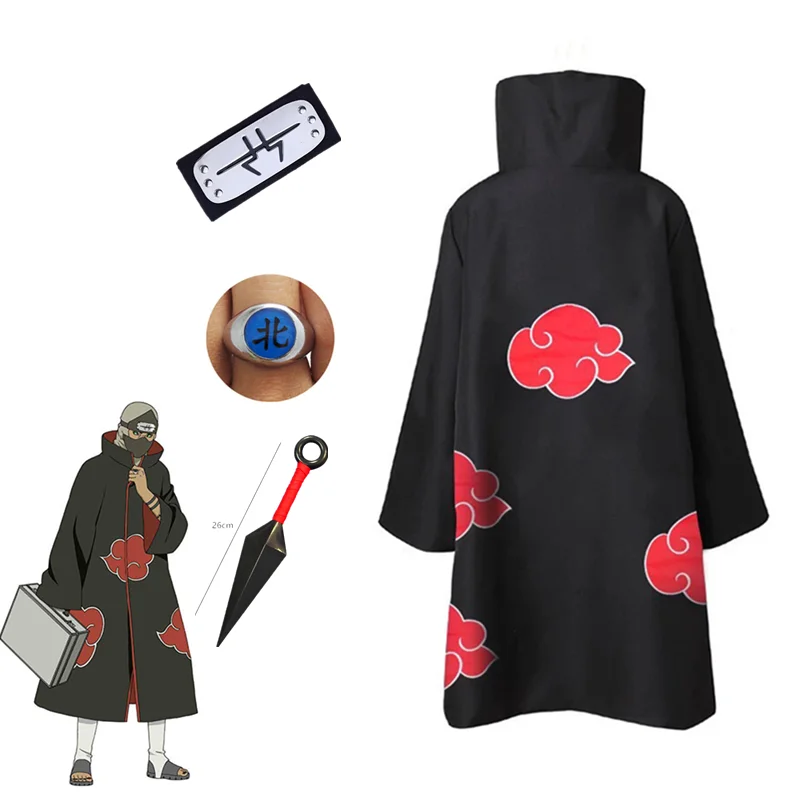 

Ninja Anime Akatsuki Cloak Uchiha Municipal Cosplay Costume Ring Headband Kunai Halloween Costume Men and Women 4-Piece Set