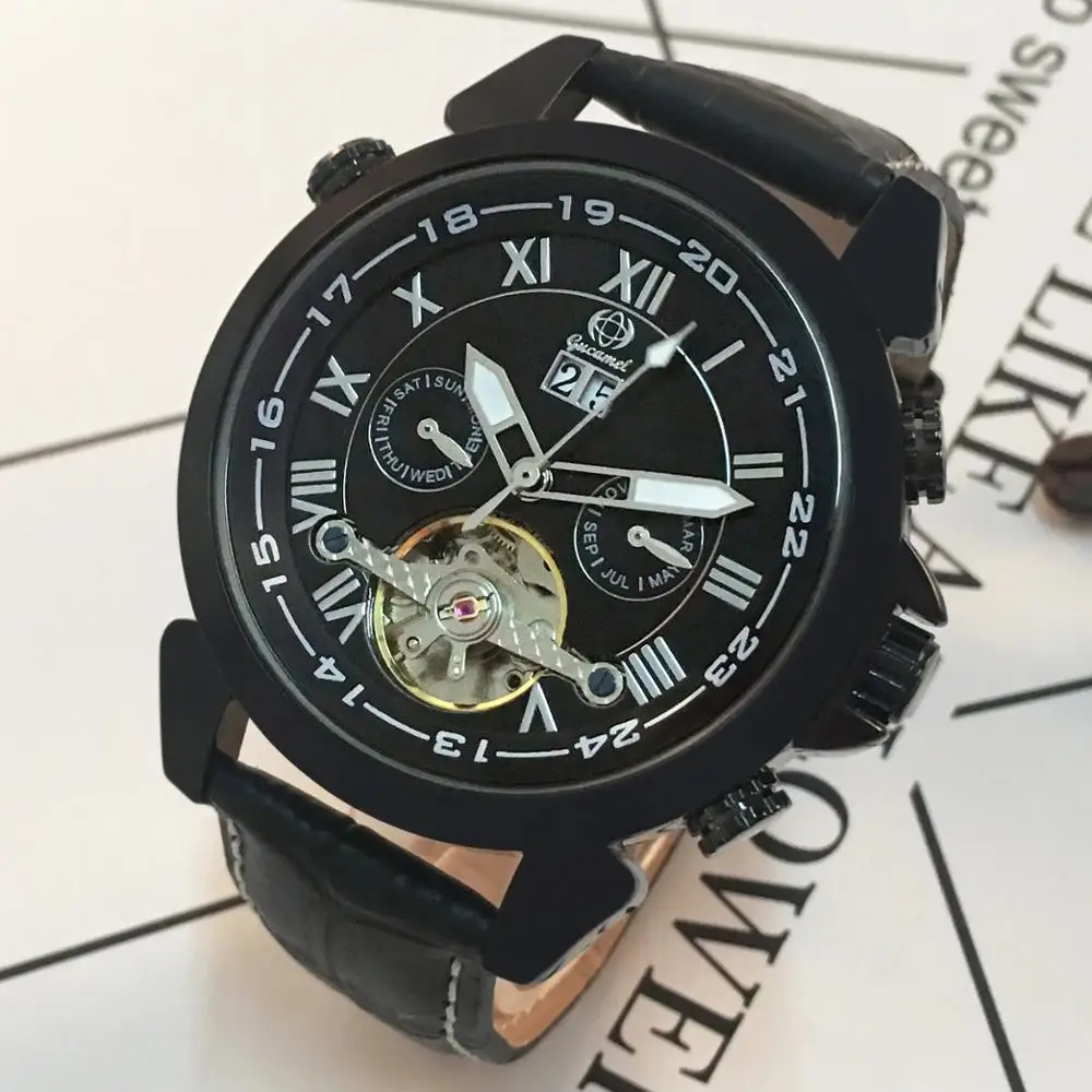 

Tourbillon Automatic Mechanical Watch Men Gucamel Brand Leather Strap Luxury Business Men`s Automatic Clock Male Gift G038