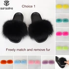 Сланцы женские пушистые с натуральным мехом, комплект шлепанцев, уличная Роскошная обувь на плоской подошве, сандалии с мехом, лето