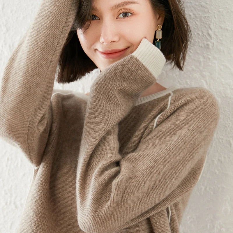 

Round neck sweater women 100% pure western style, short front and long back, knitted autumn and winter loose sweater thickened