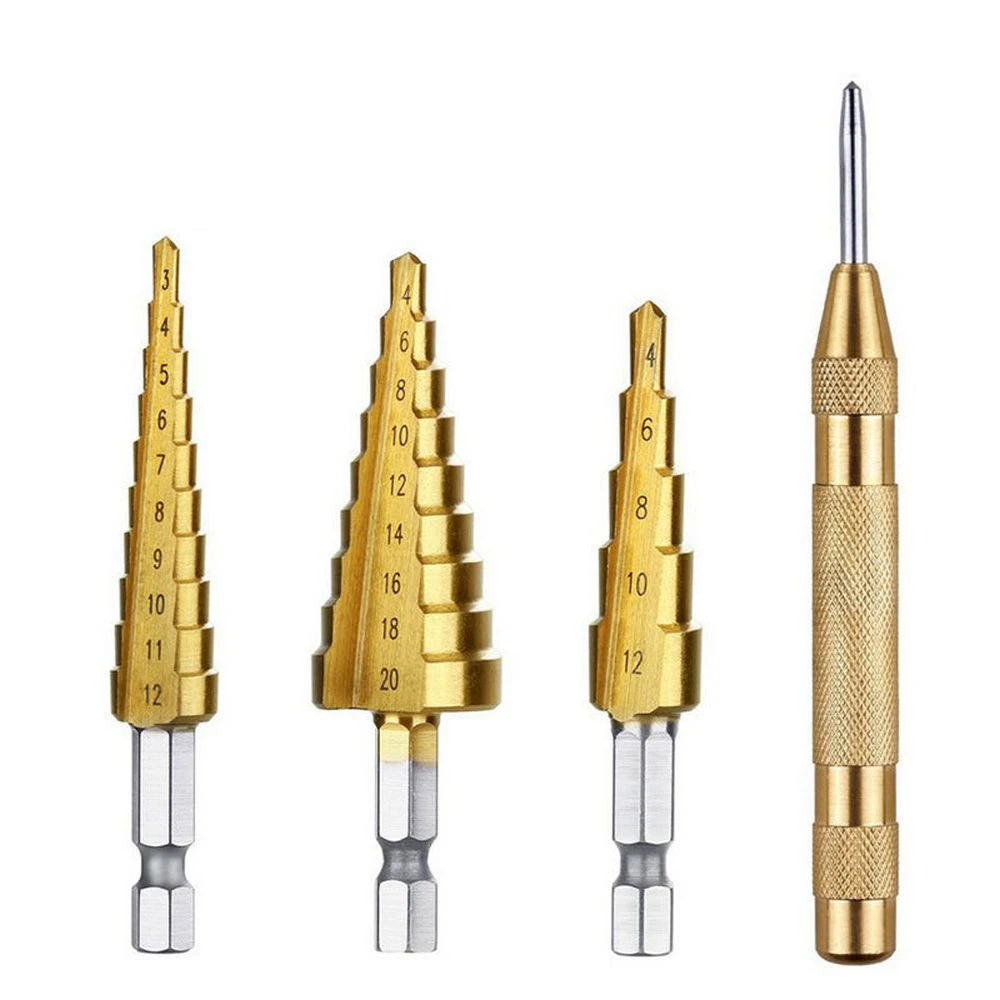 

HSS Steel Cone Drill Set Step Drill Center Punch Power Tool Metric Spiral Groove Pagoda Hole Milling Cutter 4-12/20/32mm