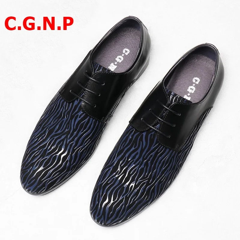 

C·G·N·P Fashion Korea Style Printed Water Ripple Leather Shoes Men Dress Shoes Black Blue Lace-up Derdy Business Formal Shoes