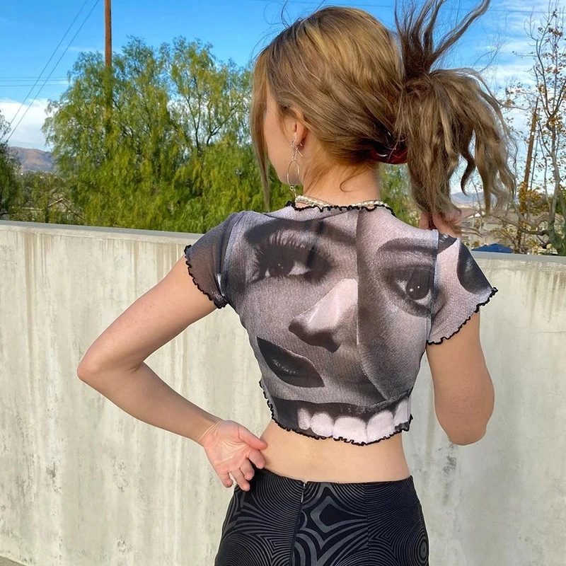 

Printed Crop Top y2k Harajuku Fashion T Shirt Mesh Transparent Tshirt Women Vintage Frill Pulovers Tee Streetwear 90s Clothes