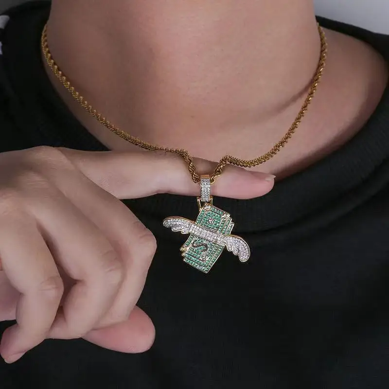 

Hip Hop Green CZ Cubic Zirconia Pave Bling Ice Out Flying Dollar Money Pendants Necklace for Men Rapper Jewelry Drop Shipping