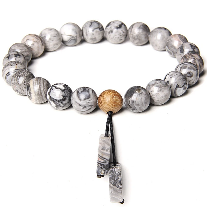 Браслет тигровый из натурального камня с бусинами и кисточками | Украшения