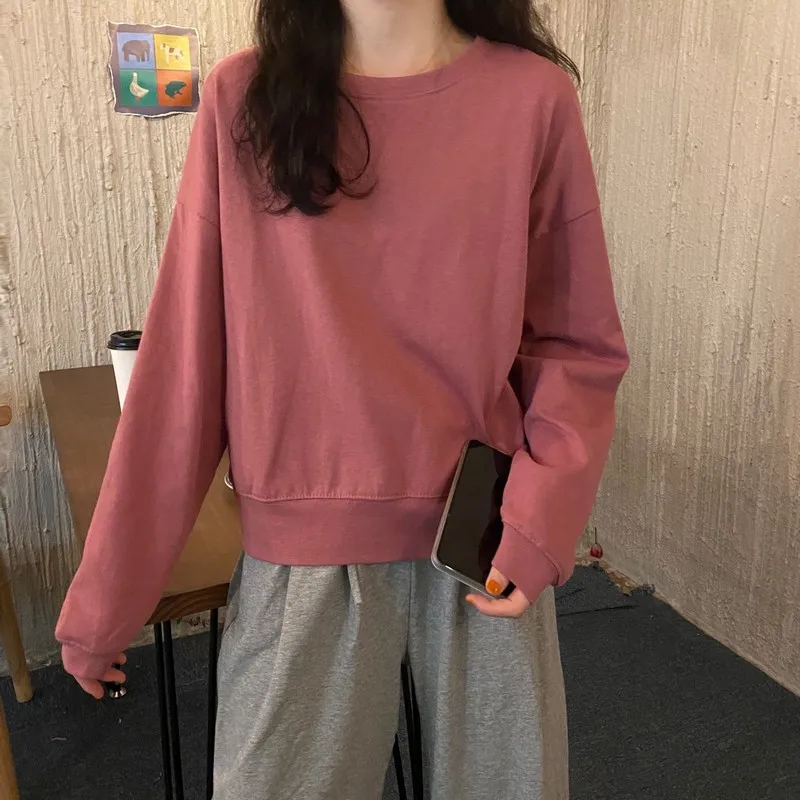 

Розовый женский свитер осень-зима корейско-Стиль свободного кроя с круглым вырезом Верхняя одежда простое Стиль простой все-матч одежда с д...