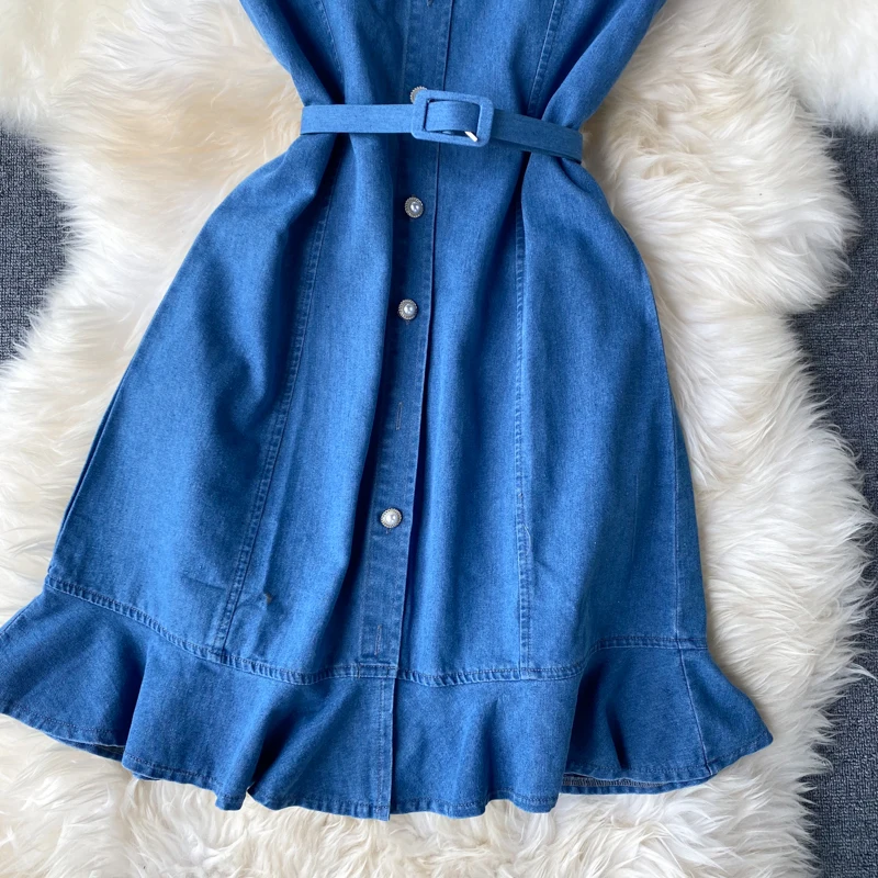 

Women's high waist ruffled denim dress summer ladies sleeveless blue casual denim bodycon dresses with free sashes