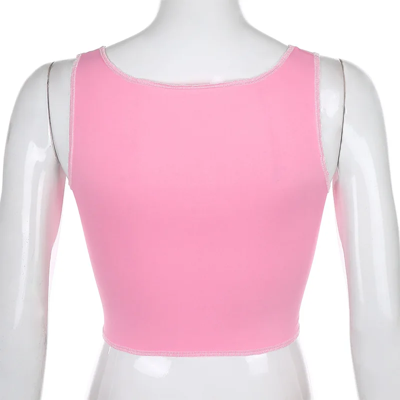 

2021 Y2k Aesthetic Pink Tank Tops O-neck Stitch Heart Sleeveless Hollow Out Clips E-Girls Vest Summer Clothes for Women 2021