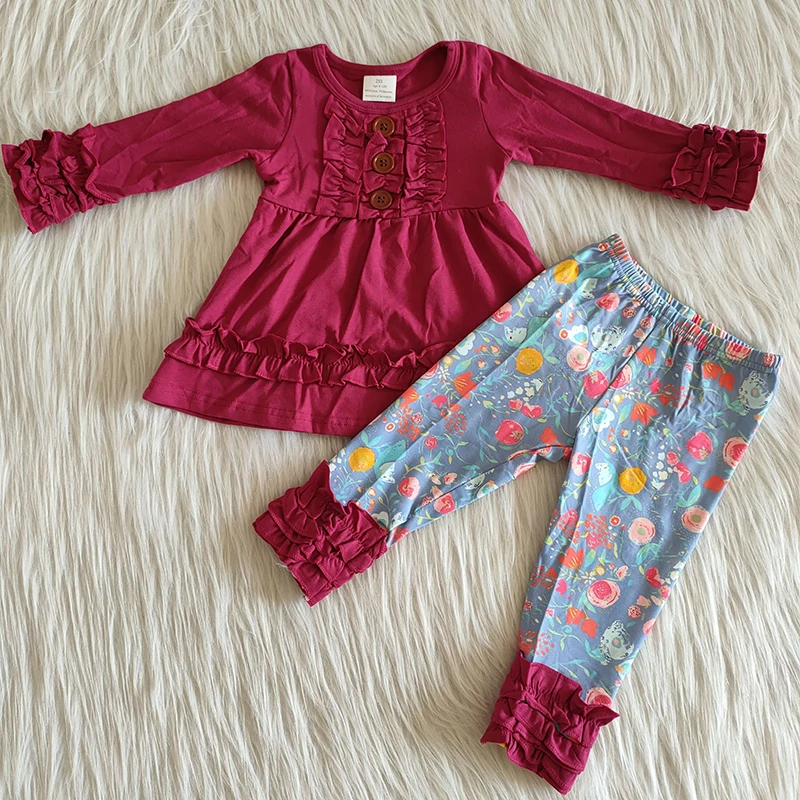 

Baby Girls Flower Fall Fashionable Clothing Long Sleeve Red Shirt Floral Ruffle Pants Outfit Infant Kids Boutique Sets