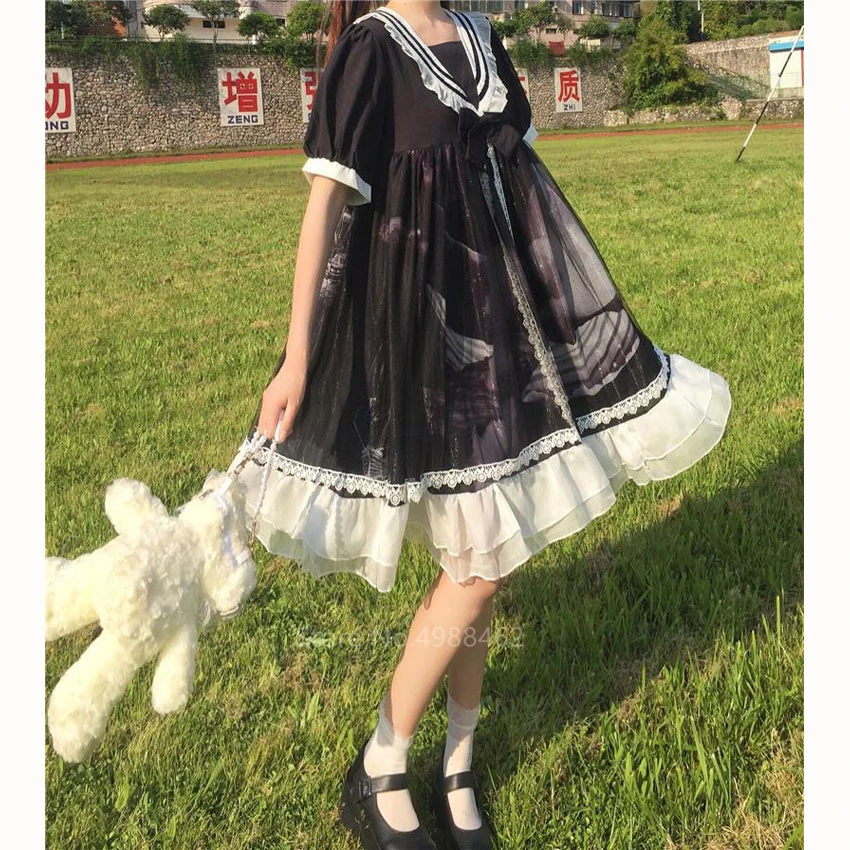 

2021 Japanese Lolita Style Summer Women Dress Sailor Collar Bow Black Blue Tulle Dress Cute Kawaii Ruffles Mesh Party Dresses