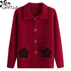 UHYTGF норковый кашемировый свитер, однобортный теплый свитер с отворотами для весны и осени, женский свободный короткий жакет размера плюс, 735