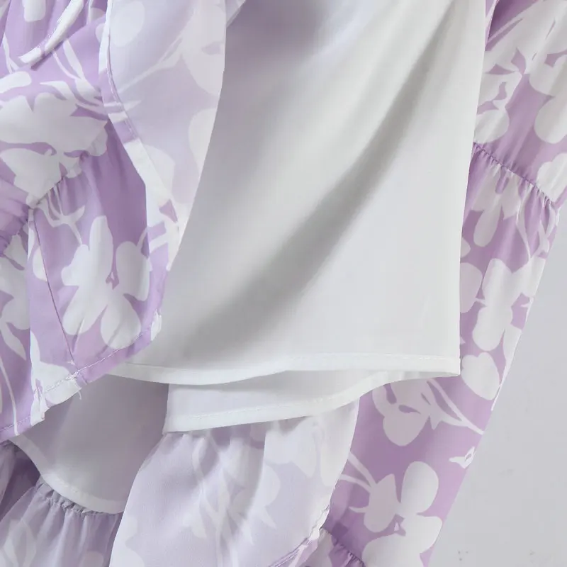 

Summer Putple Floral Chiffon Dresses Women Holiday Casual Short Puff Sleeve Lace Up Chrochet Bust Design Elastic Waist Robe S M