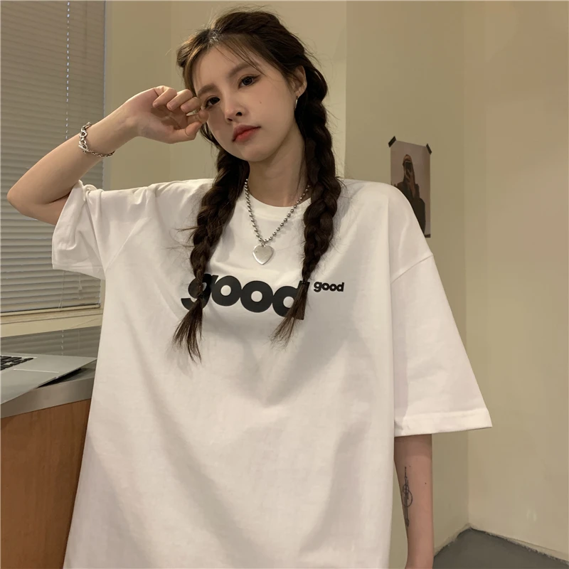 

2448 women new loose mid-length letter print white BF wind all-match short-sleeved T-shirt