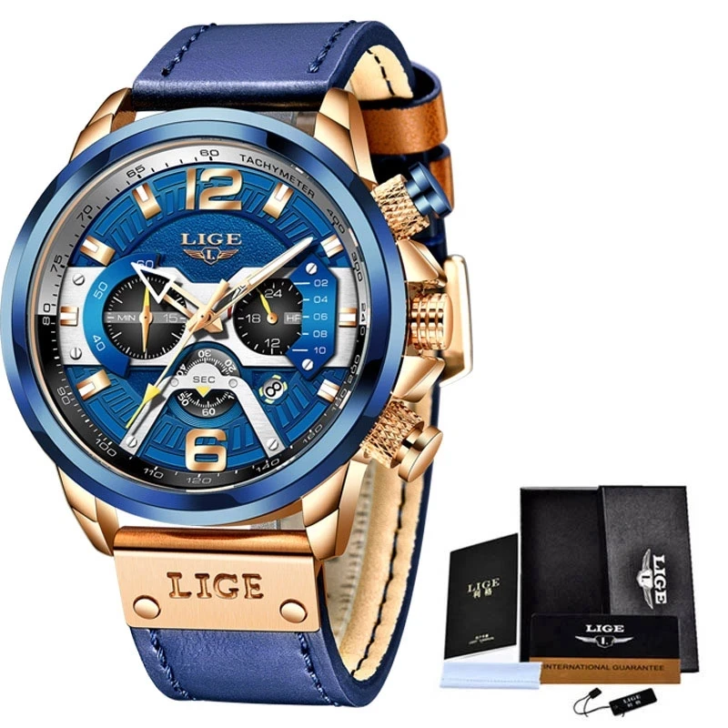 

2021 LIGE Men Watches Top Brand Luxury Blue Leather Chronograph Sport Watch For Mens Fashion Date Waterproof Clocks Reloj Hombre