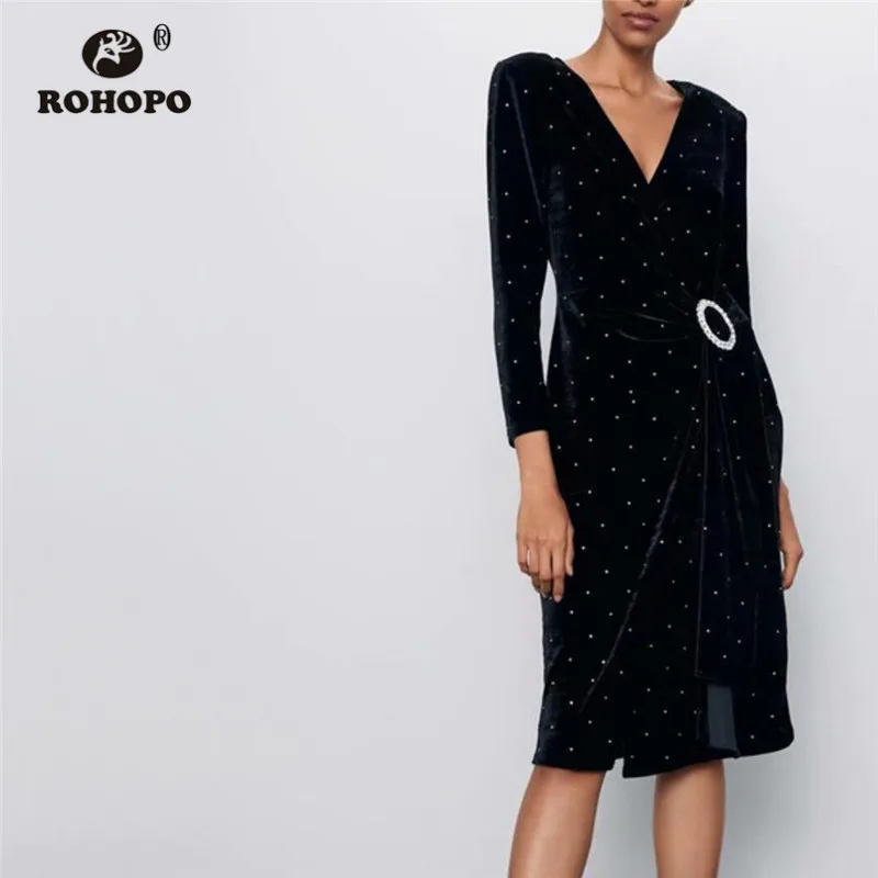 ROHOPO бархатное черное платье до колена с длинным рукавом элегантное мягкое