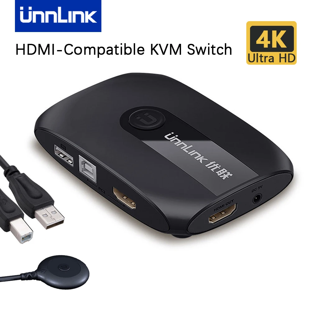 Unnlink Hdmi KVM Switch 4K 1080P Switcher with Extender 2 laptop Share 1 Monitor 4 USB 2.0 for Mouse Keyboard Printer