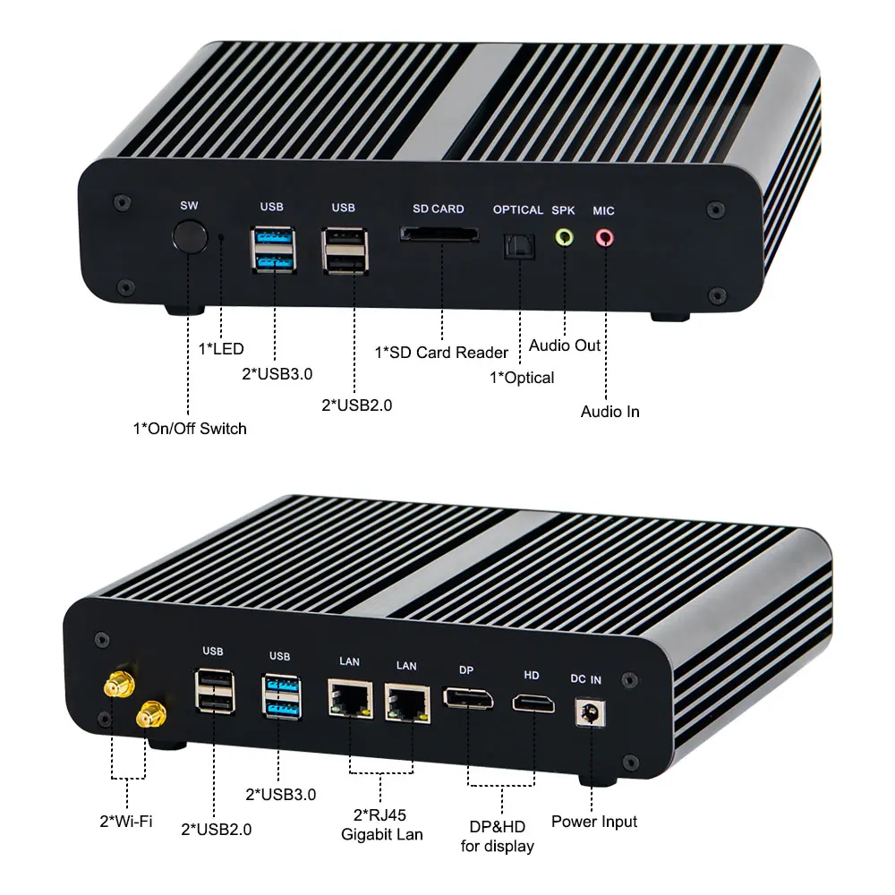 Eglobal Fanless Mini Computer Intel Core i7 7560U DDR4 Windows 10 Pro Desktop PC 2 RJ45 Lan DP HDMI for 4k Display SIM SD Card | Компьютеры